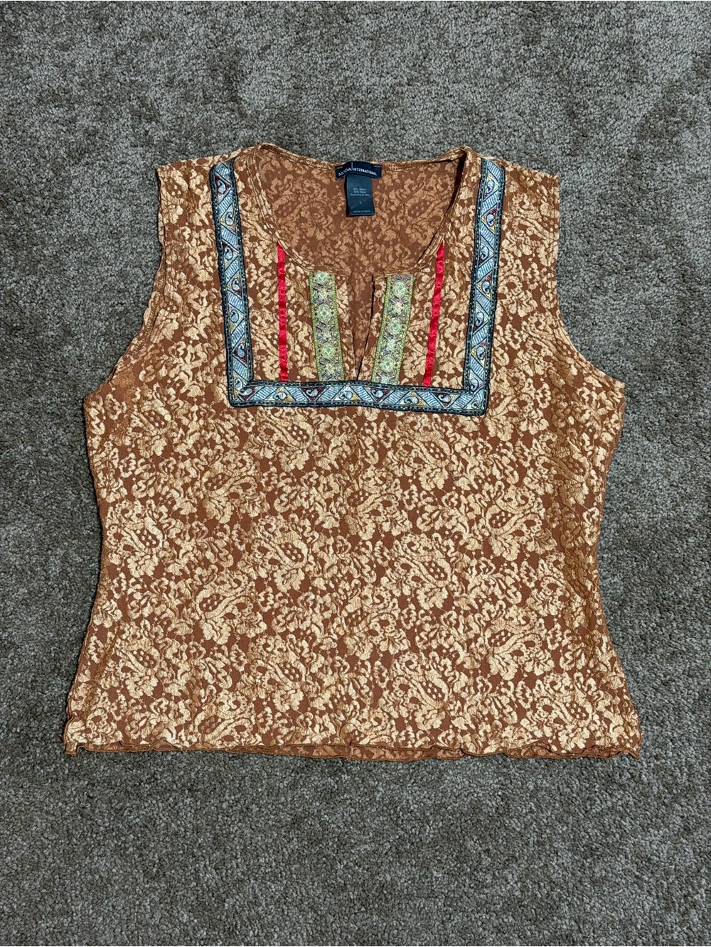 Moda International Brown Floral Square-Neck Sleeveless Top with Embroidered Trim